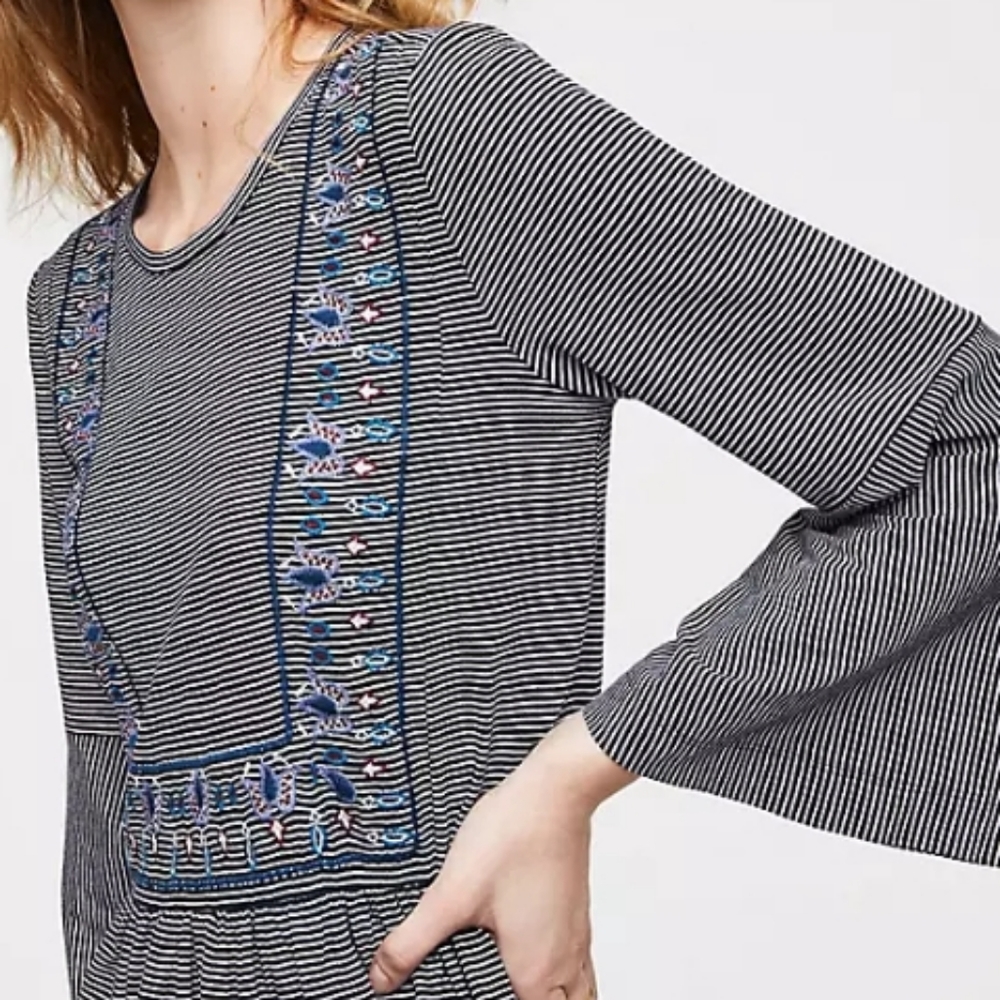 LOFT Embroidered Striped Bell Sleeve Tee Size SP